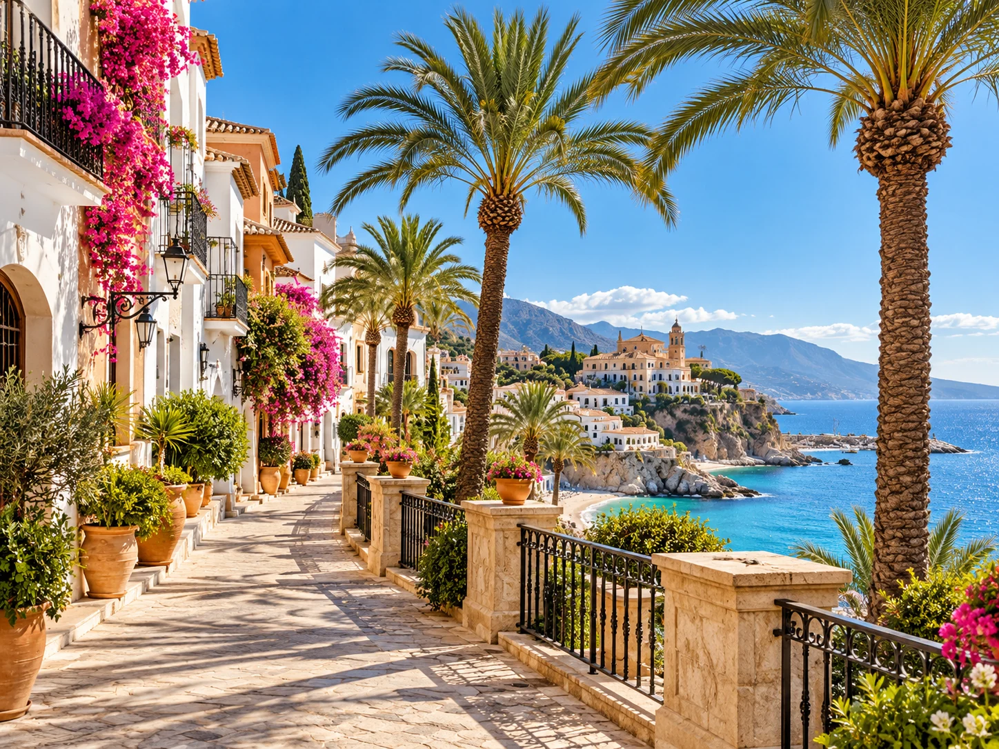 Palm-lined Spanish seaside promenade on a bright blue-sky day